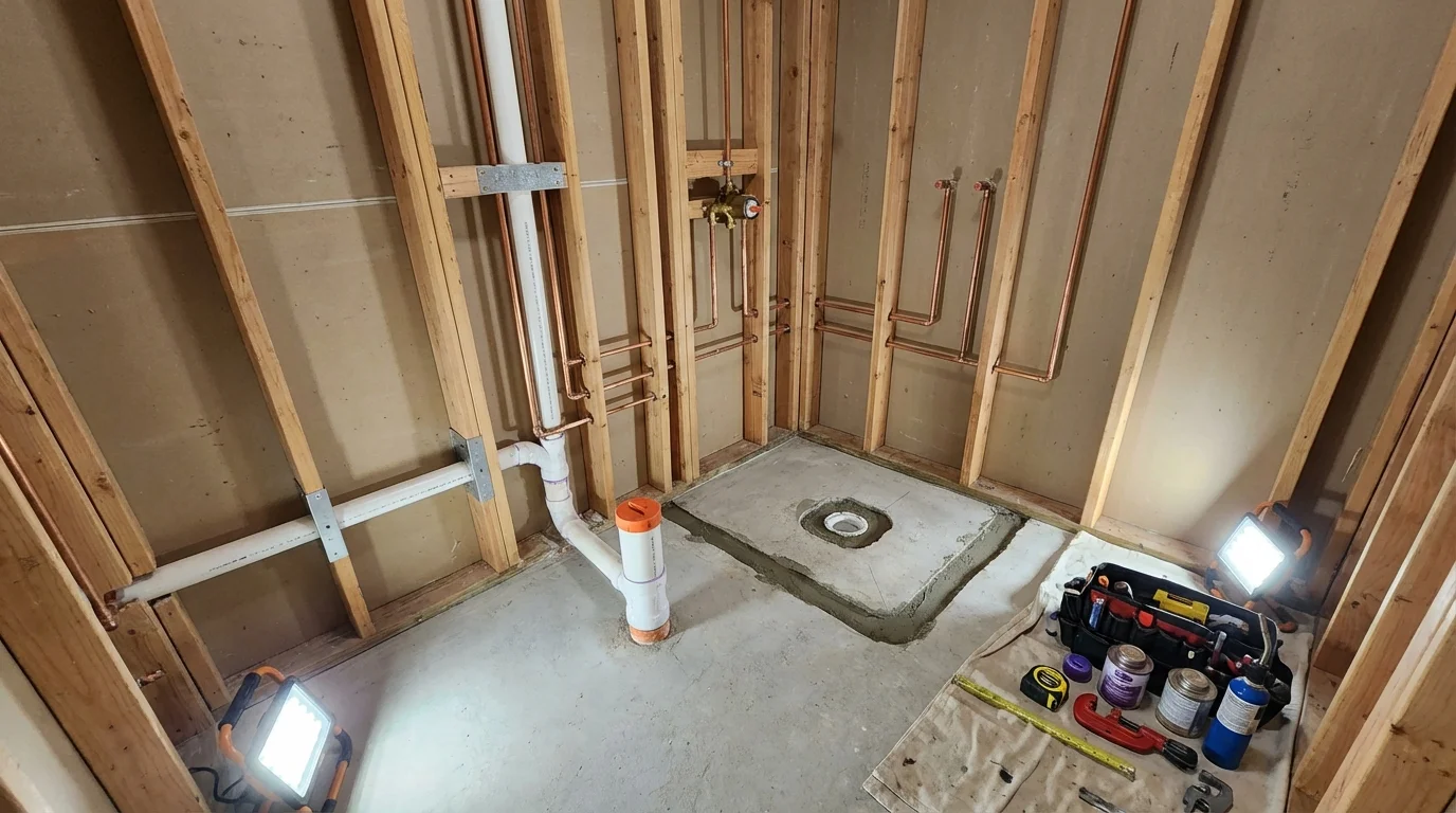 Bathroom rough-in plumbing during remodel by Johns Plumbing LLC in Sabinal