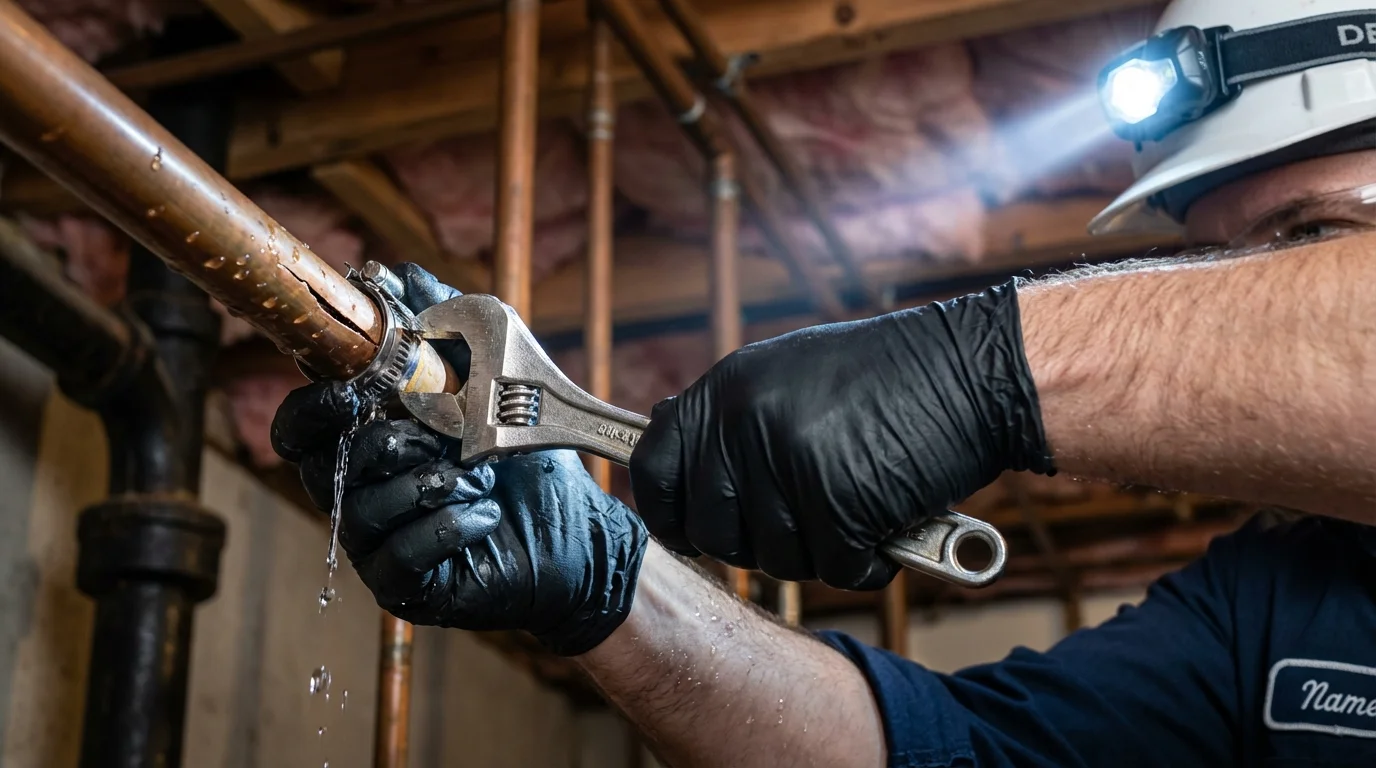 Emergency pipe clamp repair being performed by a Johns Plumbing LLC plumber in Sabinal