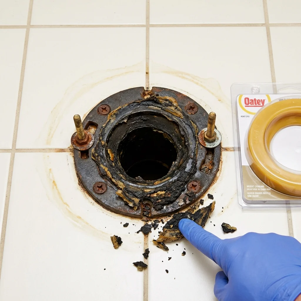Failed wax ring showing water seepage at the base of a toilet in a Sabinal, TX home