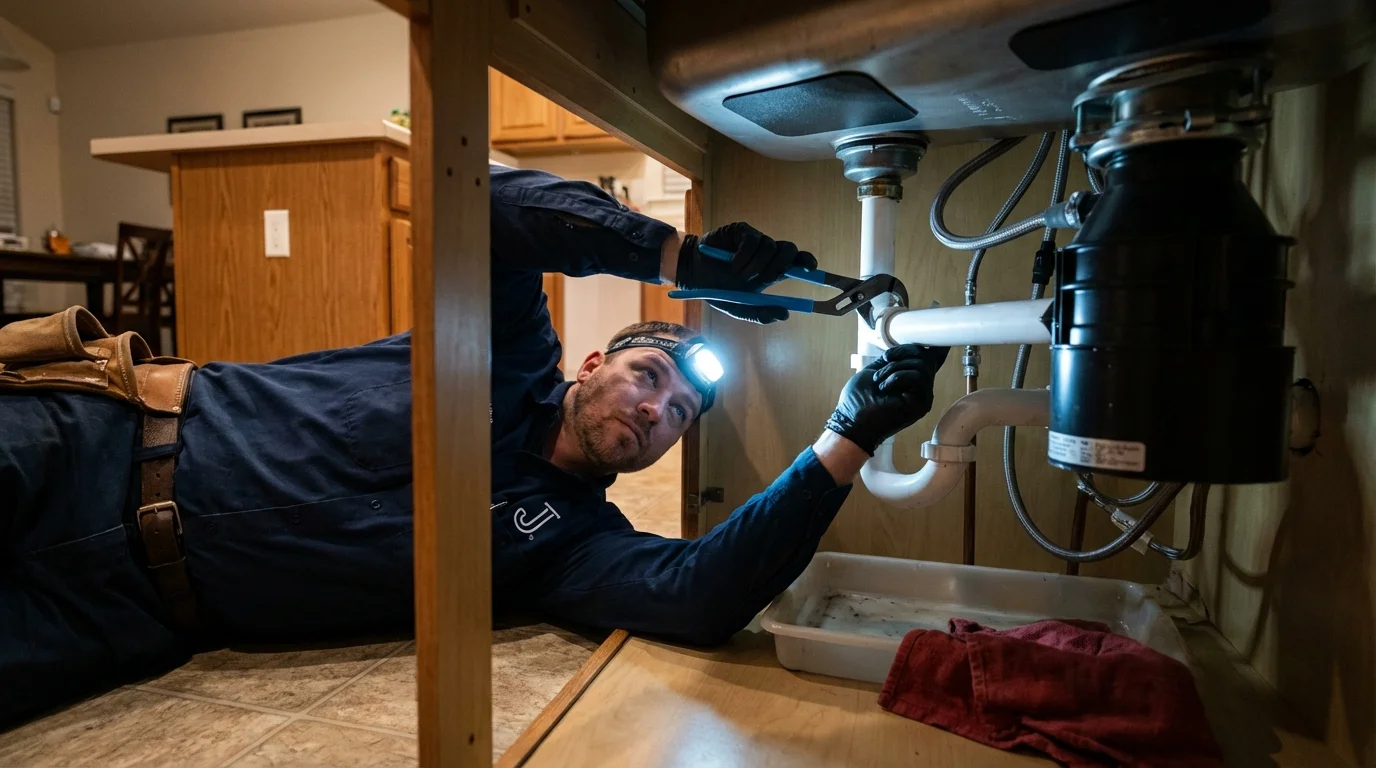 P-trap and supply line connections under a kitchen sink showing a common leak point in Sabinal, TX
